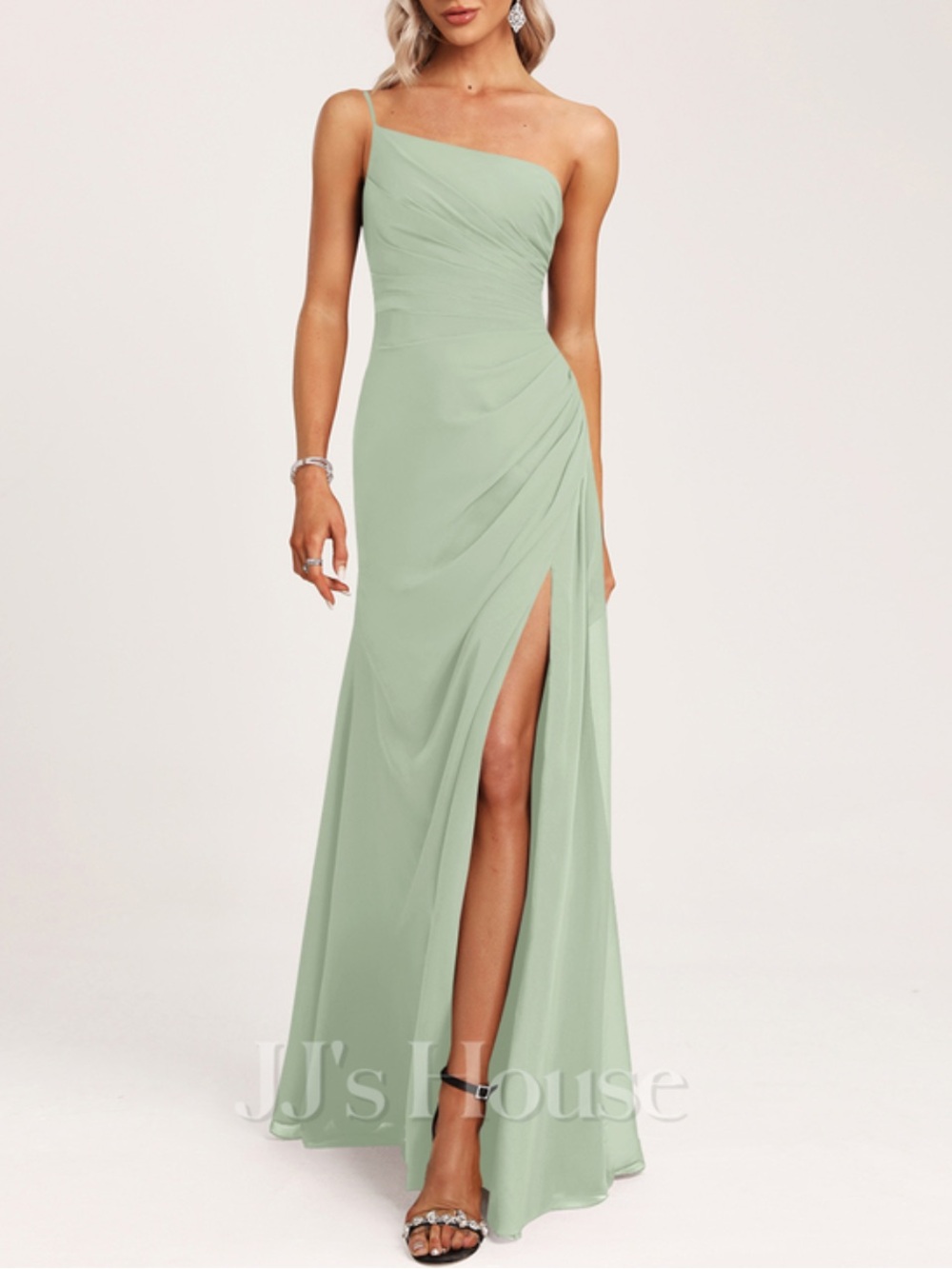 JJ’S HOUSE Bryna Chiffon One-Shoulder Dress in Celadon